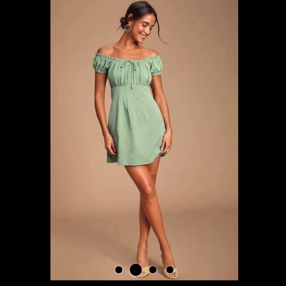 Lulus Wisteria Sage Green Embroidered Off-The-Shoulder Mini Dress